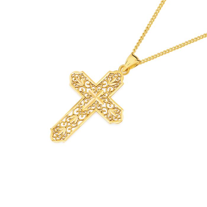 9ct Gold Diamond-cut & Filigree Gothic Cross Pendant
