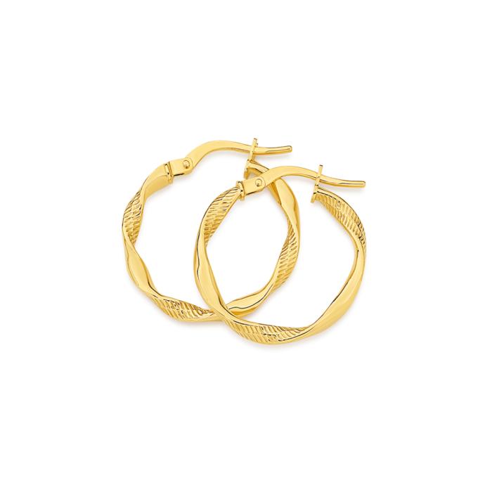 9ct Gold 15mm Plain & Pattern Loose Twist Hoop Earrings
