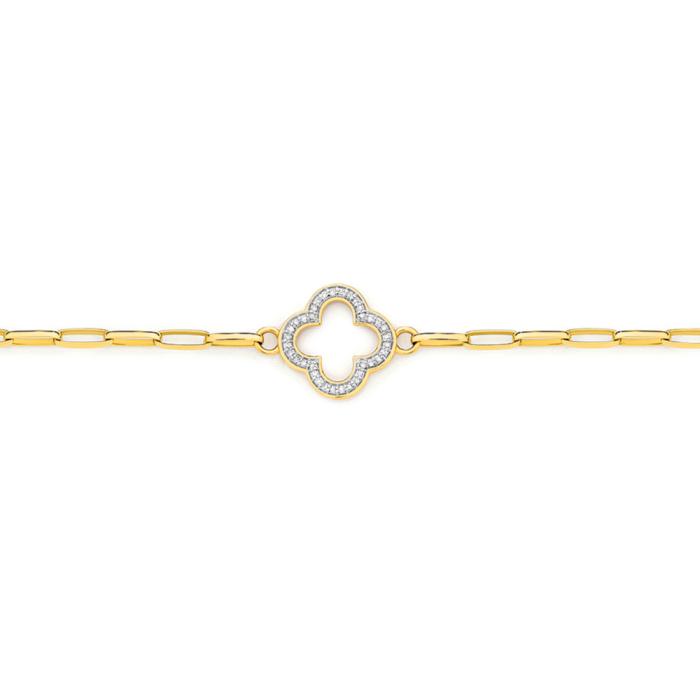 9ct Gold Diamond Clover Paperclip Bracelet