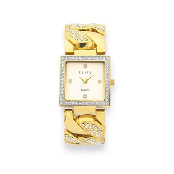 elite Ladies  Gold Tone Square Case With Crystals Watch