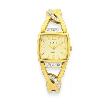 elite Ladies  Gold Tone Tonneau Stone Set Semi Bangle Watch