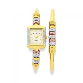 Elite Ladies Tri Tone Watch & Bracelet Set