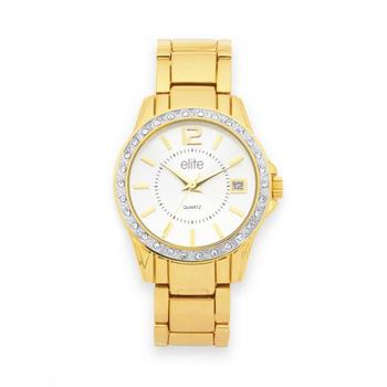 Elite Ladies  Gold Tone Large Round Stone Case With Date Braclet Watch