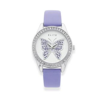 Elite Silver Tone Crystal Set Butterfly Watch With Lavender Strap