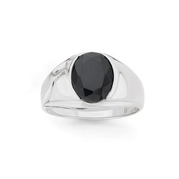 Silver Oval Black CZ Gents Ring