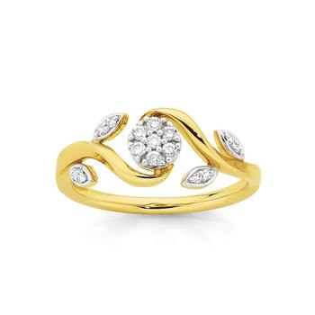 9ct Gold Diamond Flower & Leaf Ring