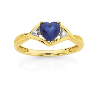 9ct Gold Created Sapphire & Diamond Heart Ring