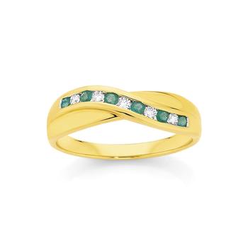 9ct Gold Emerald & Diamond Crossover Ring