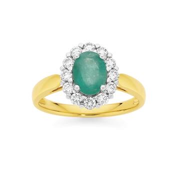 9ct Gold Emerald & 0.50ct Diamond Oval Cluster Ring