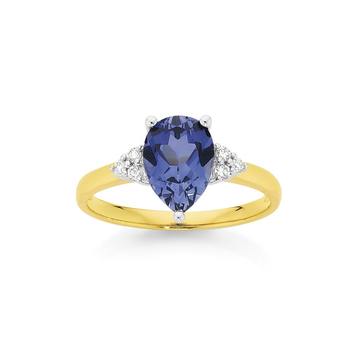 9ct Gold Created Ceylon Sapphire & Diamond Pear Cut Ring