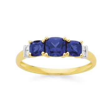 9ct Gold Created Sapphire & Diamond Trilogy Ring