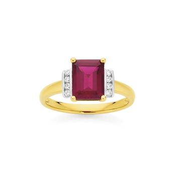 9ct Gold Created Ruby & Diamond Emerald Cut Ring