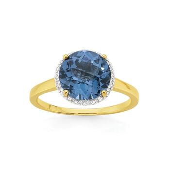 9ct Gold London Blue Topaz & Diamond Frame Ring