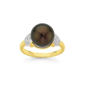 9ct Gold Cultured Tahitian Pearl & Diamond Ring