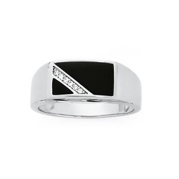 Silver Black Onyx & CZ Diagonal Men's Ring