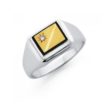 9ct Gold & Sterling Silver Diamond & Onyx Gents Ring