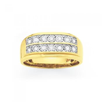 9ct Gold Diamond Double Row Gents Ring