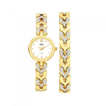 Elite Ladies Gold Tone Stone Set Watch and Bracelet Set