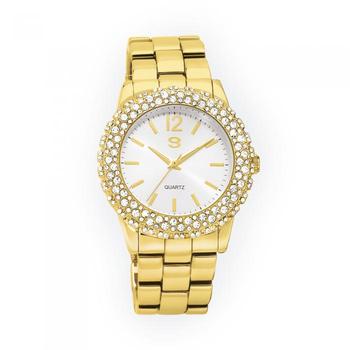 G Ladies Gold Tone Round Stone Set Bezel Watch