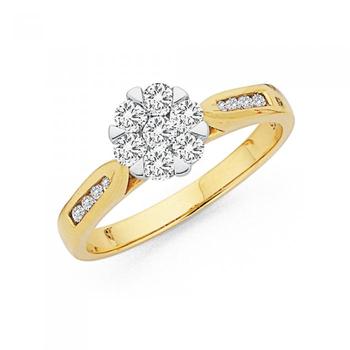 9ct Two Tone Gold Diamond Cluster Ring with Shoulder Stones