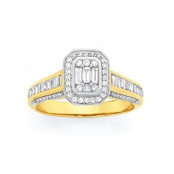 9ct Gold Diamond Emerald Shape Ring