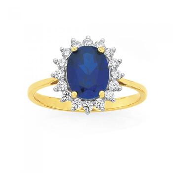 9ct Gold Created Sapphire & CZ Oval Ring