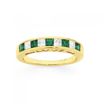 9ct Gold Created Emerald & CZ Love Ring