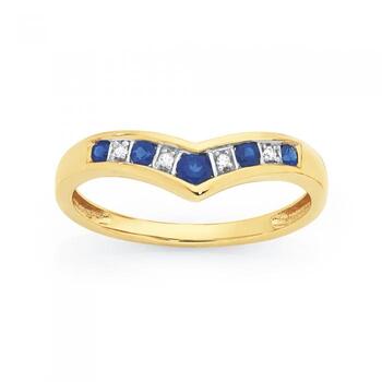 9ct Gold Created Sapphire & Diamond 'V' Ring