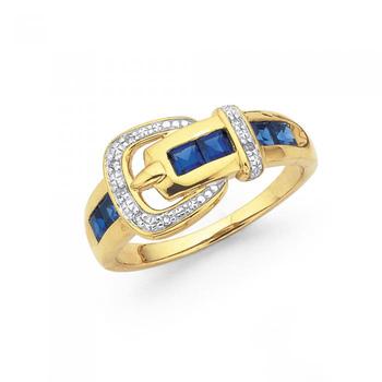 9ct Gold Created Sapphire & Diamond Buckle Ring