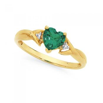 9ct Gold Created Emerald & Diamond Heart Ring