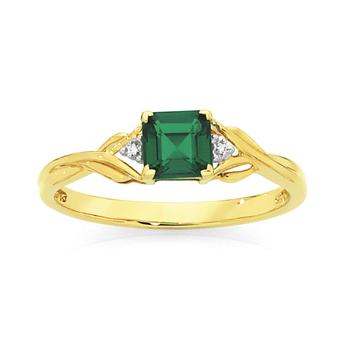 9ct Gold Created Emerald & Diamond Twist Ring