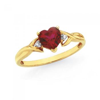 9ct Gold Created Ruby & Diamond Heart Ring