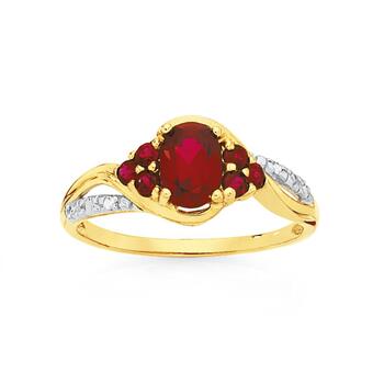 9ct Gold Created Ruby & Diamond Oval Cluster Ring