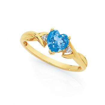 9ct Gold Blue Topaz & Diamond Heart Ring