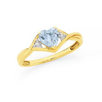 9ct Gold Aquamarine & Diamond Heart Ring