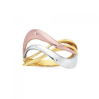 9ct Gold Three Tone Crossover Wave Ring