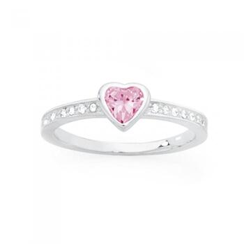 Silver Pink CZ Heart & Channel Set CZ Ring