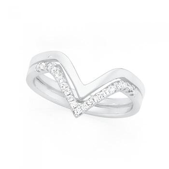 Silver CZ & Plain V Shape Ring