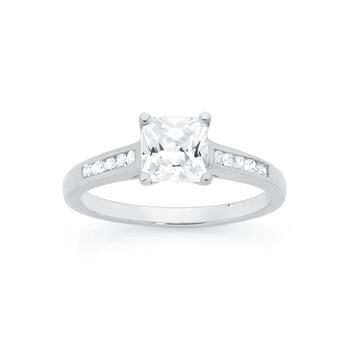 Silver Square CZ with Channel Set Sides Ring