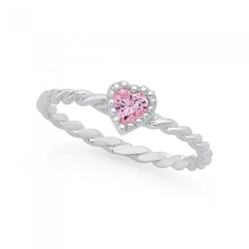 Silver Pink CZ Heart Friendship Ring