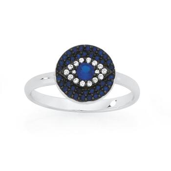 Silver Blue & White CZ Evil Eye Dress Ring