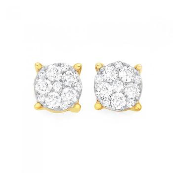 9ct Gold Diamond Round Brilliant Cut Cluster Stud Earrings