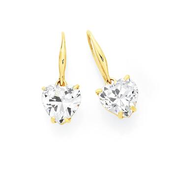 9ct Gold CZ Heart Drop Hook Earrings