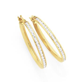 9ct Gold Cubic Zirconia Round Brilliant Cut Channel Set Hoop Earrings