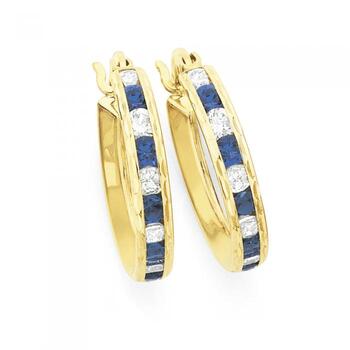 9ct Gold Blue & White Cubic Zirconia Channel Set Hoop Earrings
