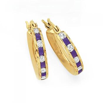 9ct Gold Small Amethyst & CZ Hoops