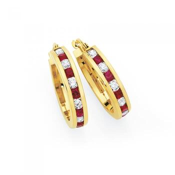 9ct Gold on Silver Created Ruby & CZ Hoop Earrings