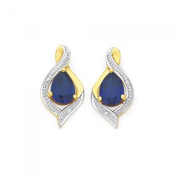 9ct Gold Created Sapphire & Diamond Pear Swirl Stud Earrings