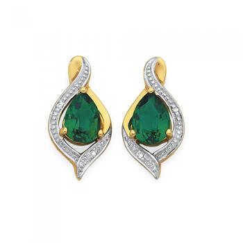 9ct Gold Created Emerald & Diamond Pear Studs