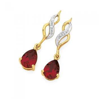 9ct Gold Created Ruby & Diamond Drop Earrings
